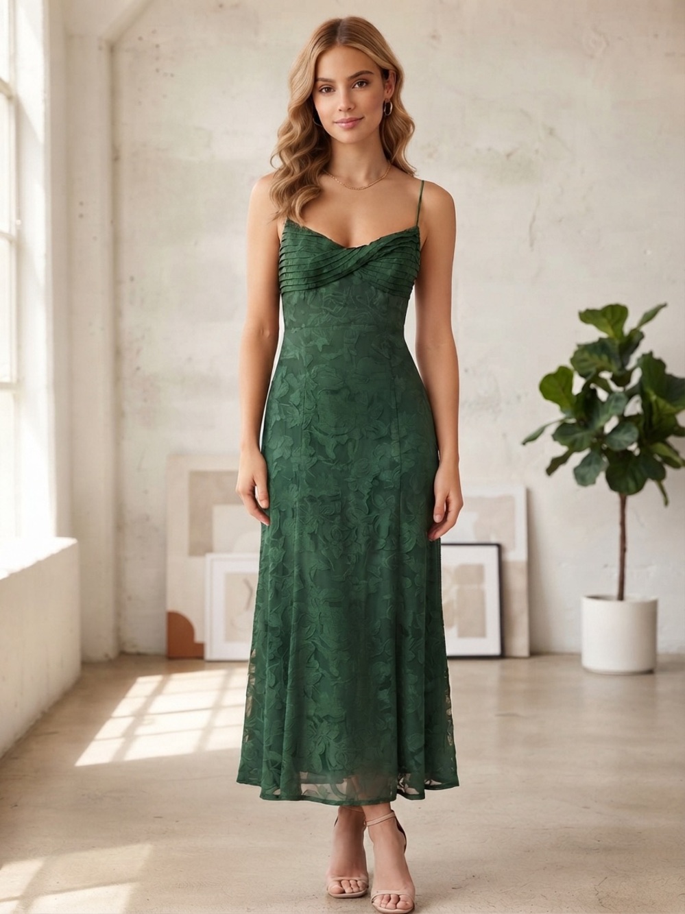 Hello Molly Dark Green Slip Midi Dress with Ruched Bodice